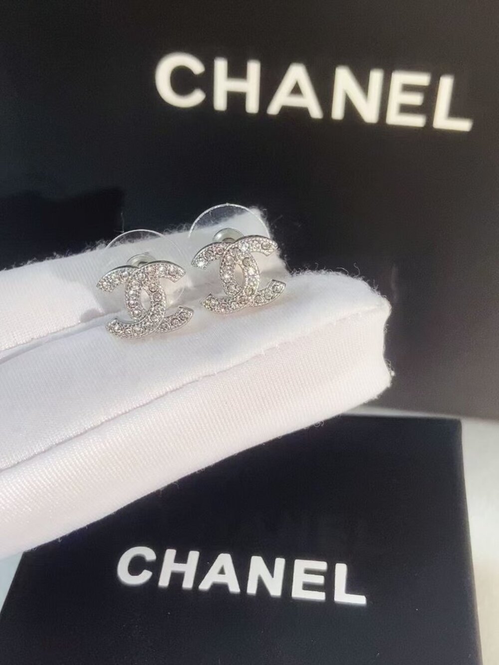 Chanel Classic CC Silver Rhinestone Stud Earrings - Picture 4 of 6